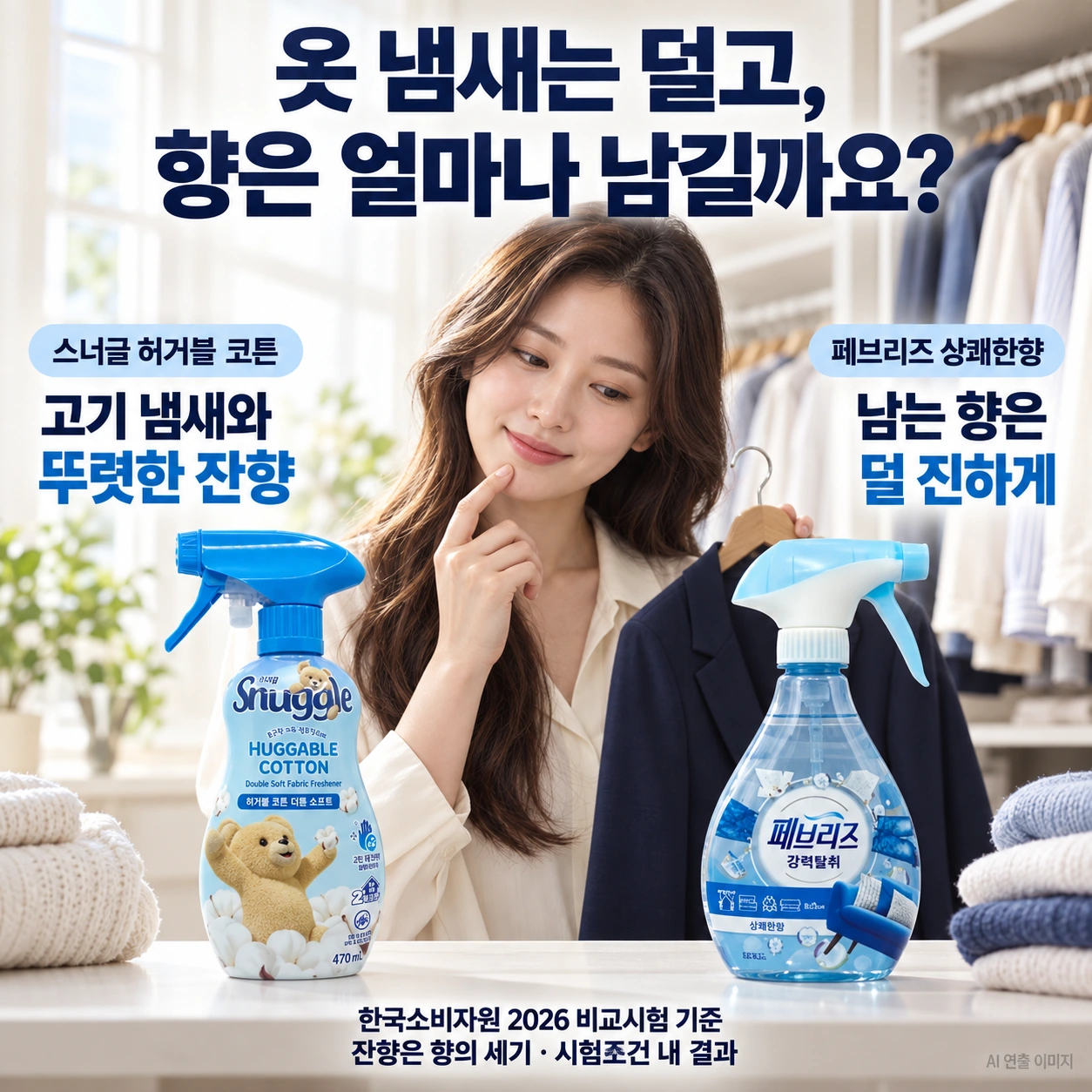 옷장 앞에서 스너글과 페브리즈의 잔향 선호를 비교하는 AI 연출 광고