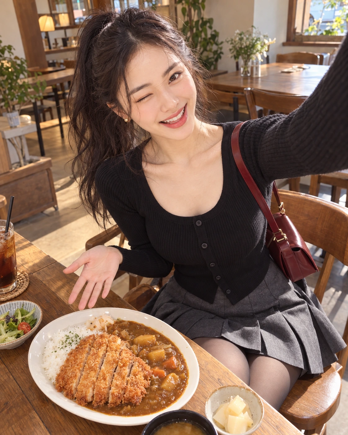 AI 가상 셀카: 카츠와 카레 접시를 향해 손을 펼친 김마에