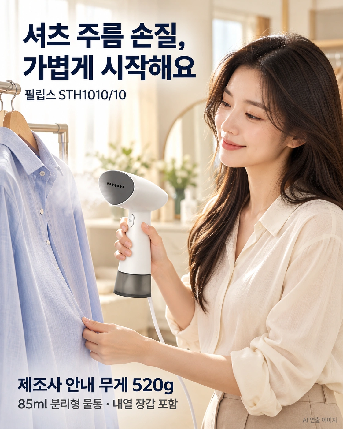 필립스 STH1010/10으로 옷걸이의 셔츠를 손질하는 AI광고연출