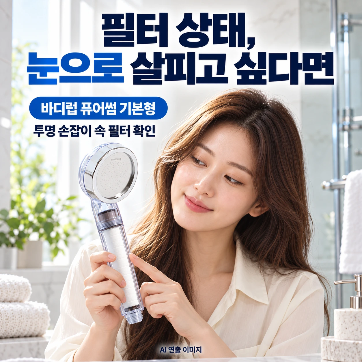 퓨어썸 기본형의 투명 손잡이 속 필터를 살피는 가상 성인 AI 연출