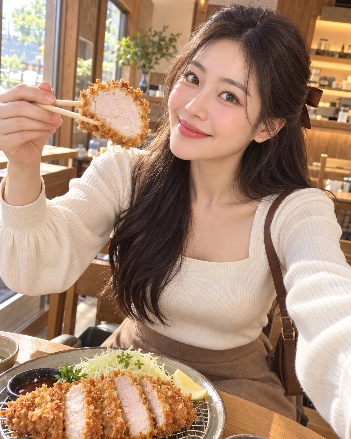 AI 가상 셀카: 안심카츠 접시를 소개하며 눈을 크게 뜬 김마에