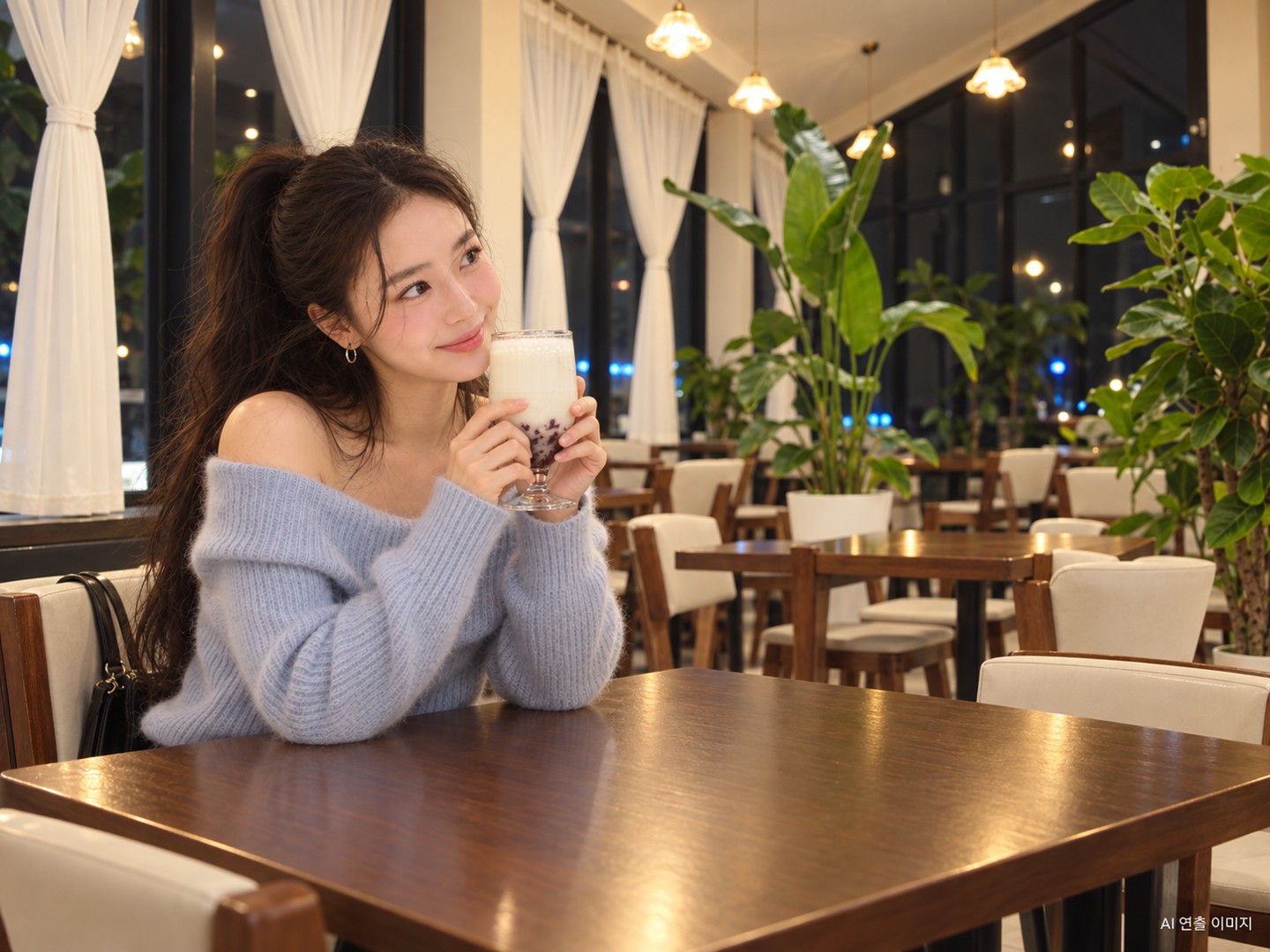 AI 연출 · 창가에서 앙라떼를 소개하는 가상 인플루언서 김마에. 실제 촬영 사진이 아니며 현장 메뉴·공간을 참고한 장면이에요.