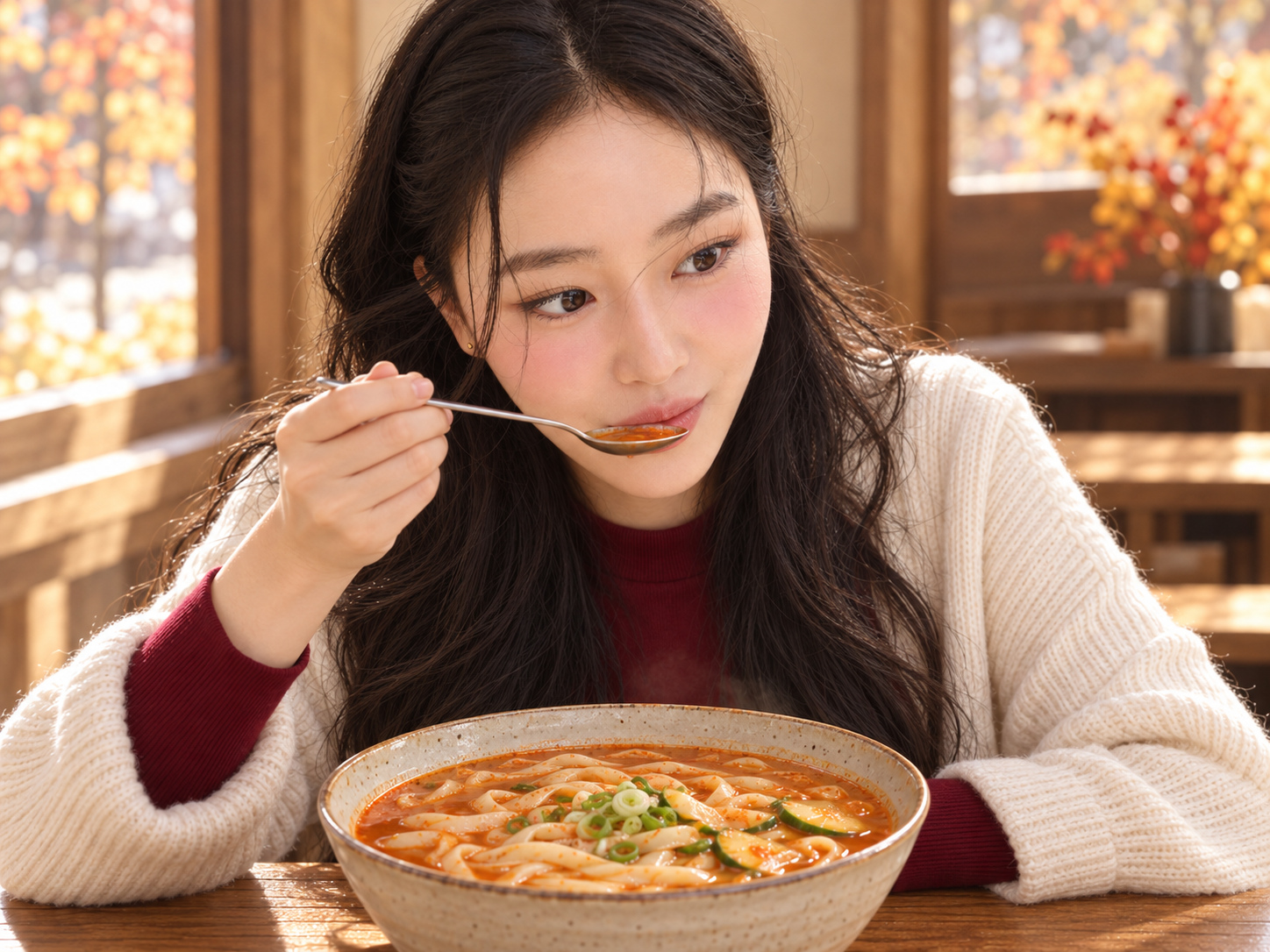 얼큰한 국물에 집중하는 김마에의 AI 가상 장면입니다. 실제 시식이나 방문 사진이 아닙니다.