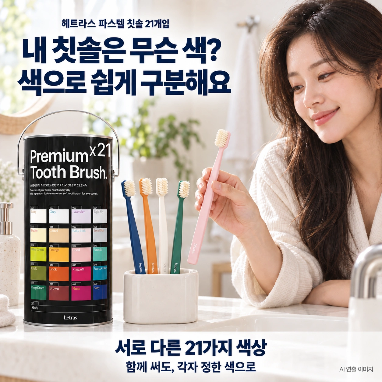 서로 다른 색의 헤트라스 칫솔 가운데 분홍색 칫솔을 고르는 AI 연출 이미지