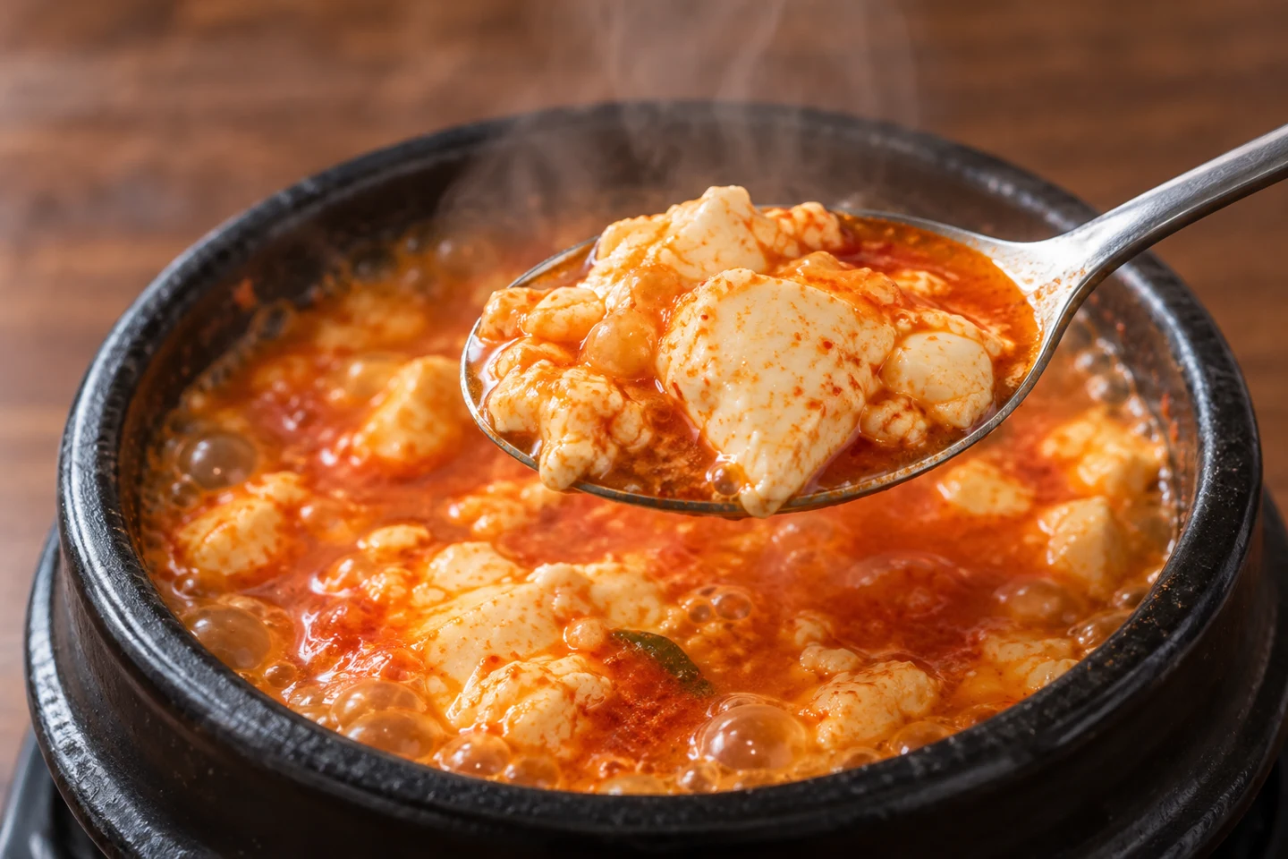 숟가락에 담긴 순두부의 AI 상세 이미지