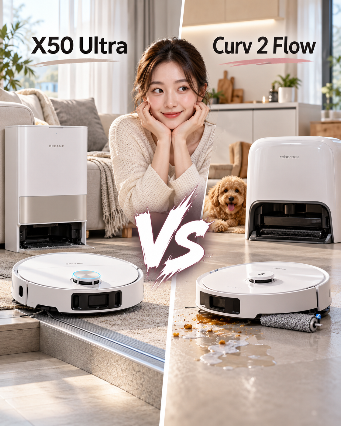 드리미 X50 Ultra와 로보락 Qrevo Curv 2 Flow가 문턱 이동과 롤러 물걸레 생활장면으로 맞붙는 제품대결 메인 이미지