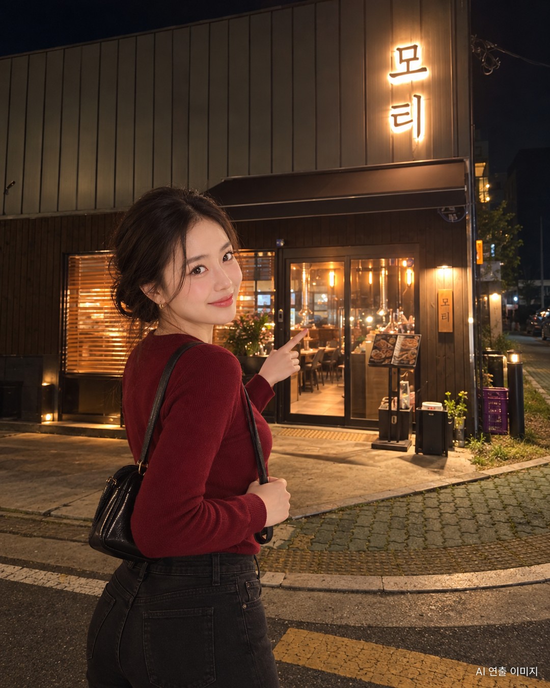 밤의 모티 입구에서 돌아보는 김마에 · AI 연출