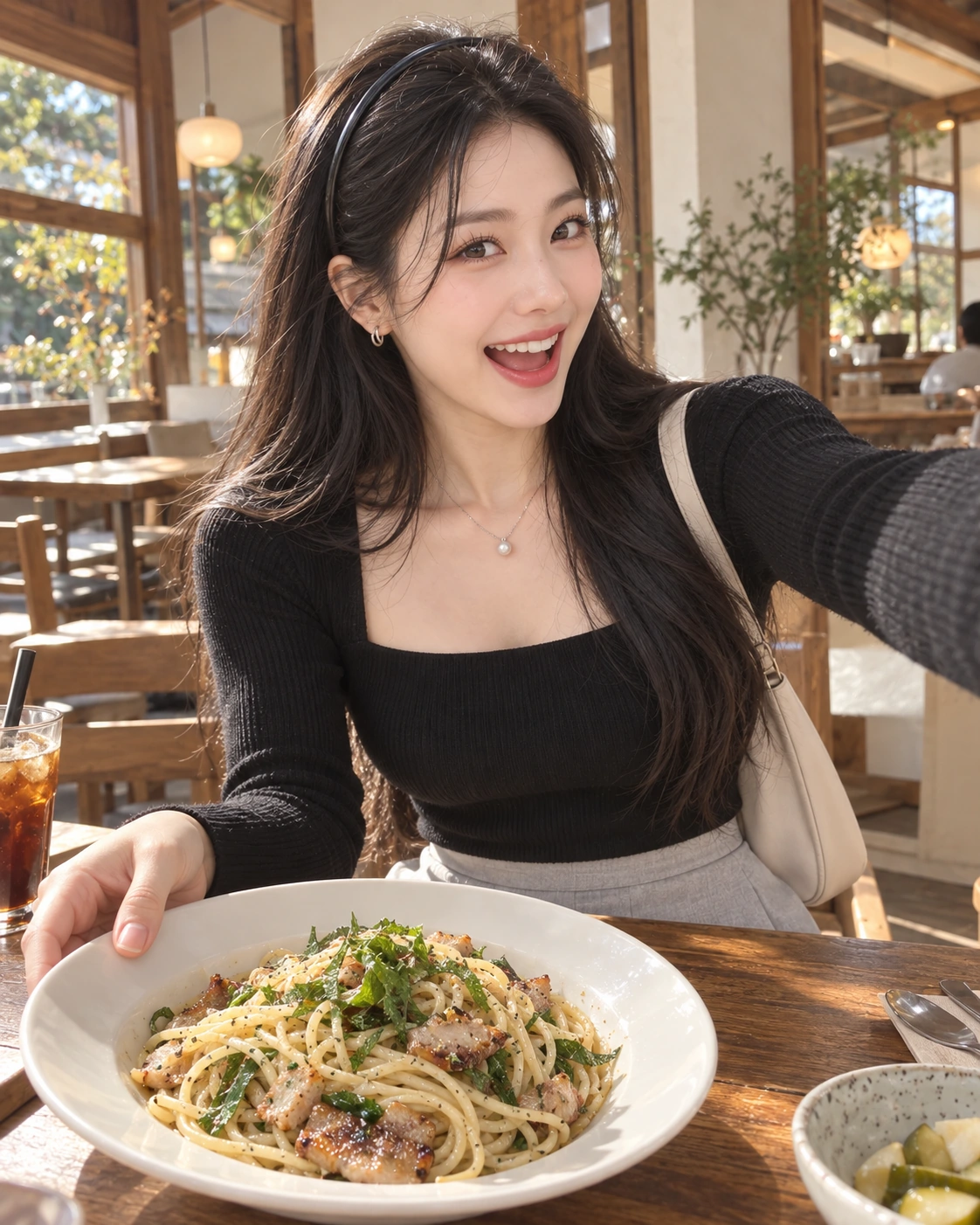 AI 가상 셀카: 깻잎과 구운 돼지고기 파스타 접시를 소개하는 김마에