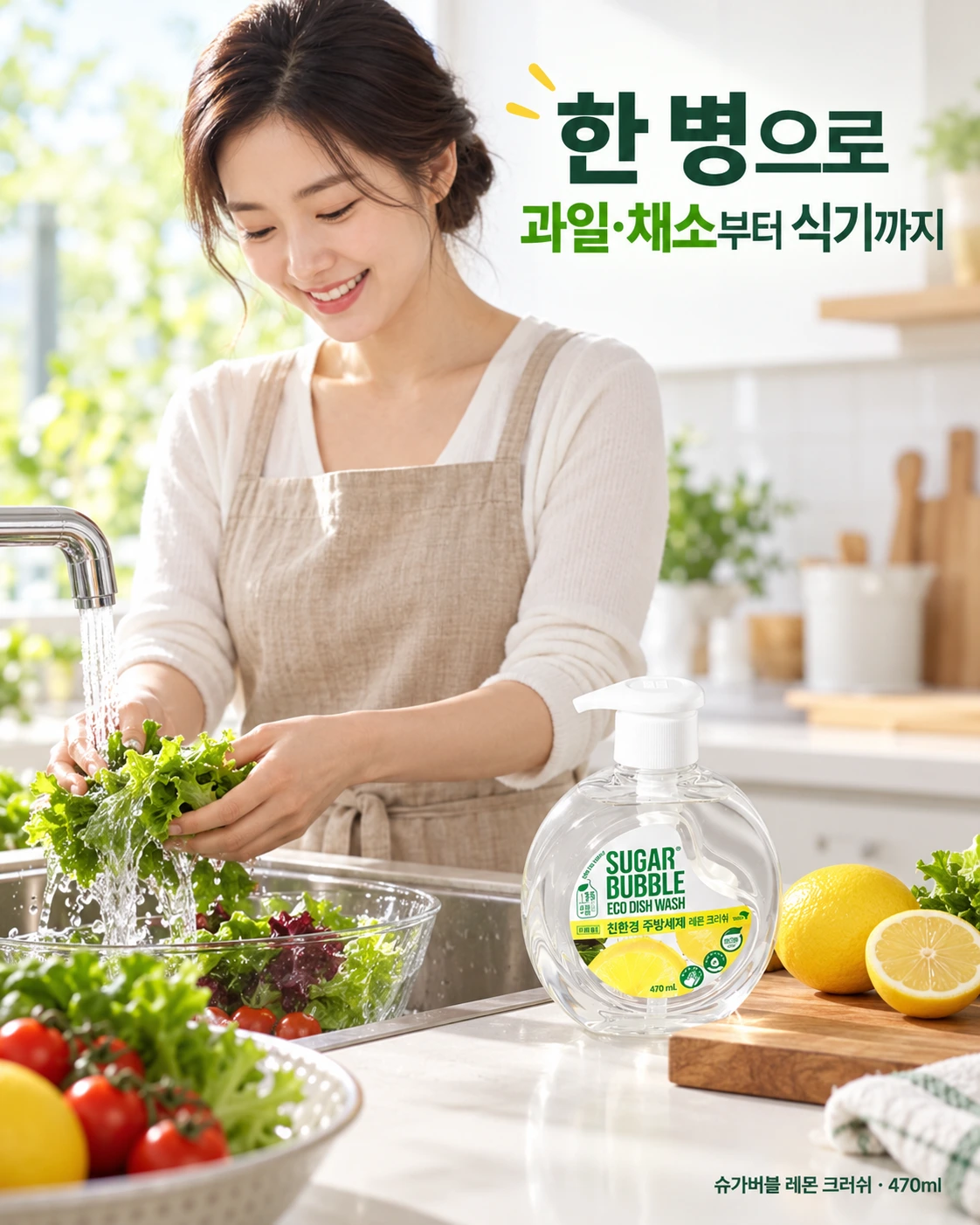 채소를 헹구며 슈가버블 레몬 크러쉬를 사용하는 주방 모습