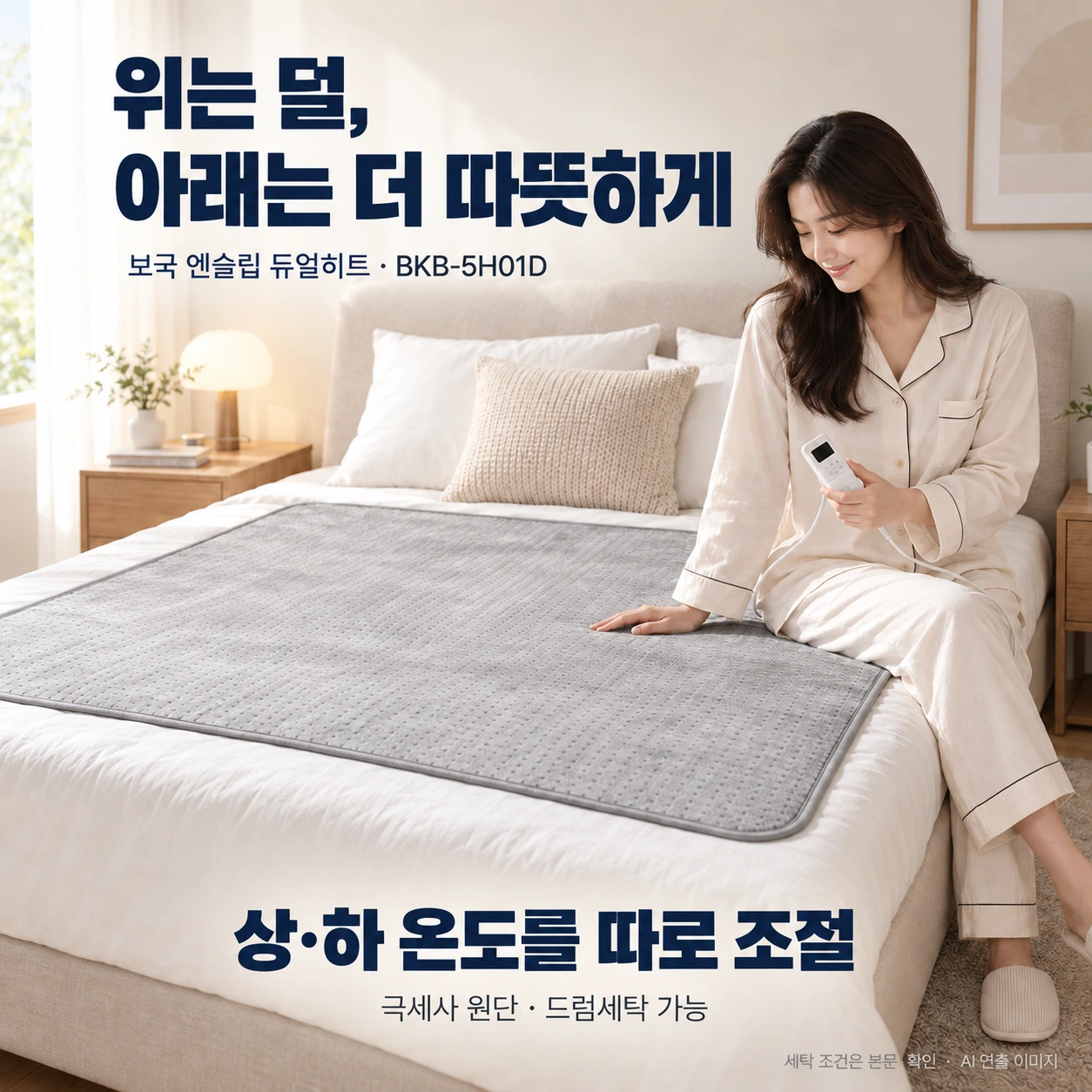 회색 보국 BKB-5H01D 매트의 조절기를 든 인물과 상하 온도 별도조절을 설명하는 AI 연출