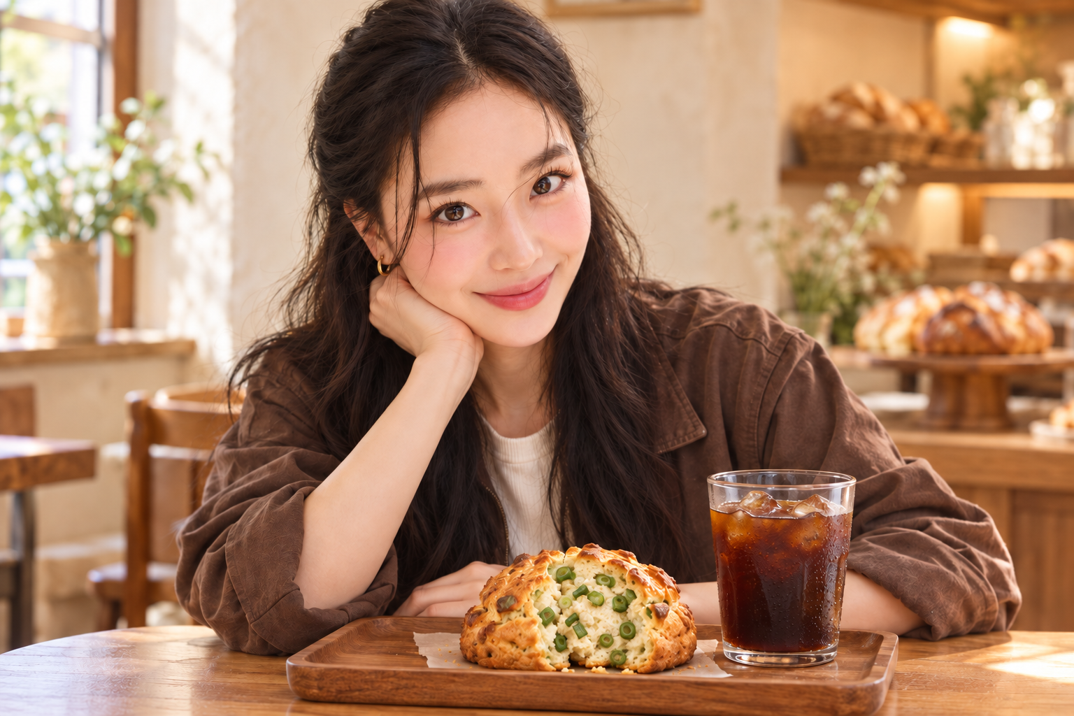 대파스콘과 아이스 아메리카노 앞에서 웃는 김마에의 AI 연출 장면
