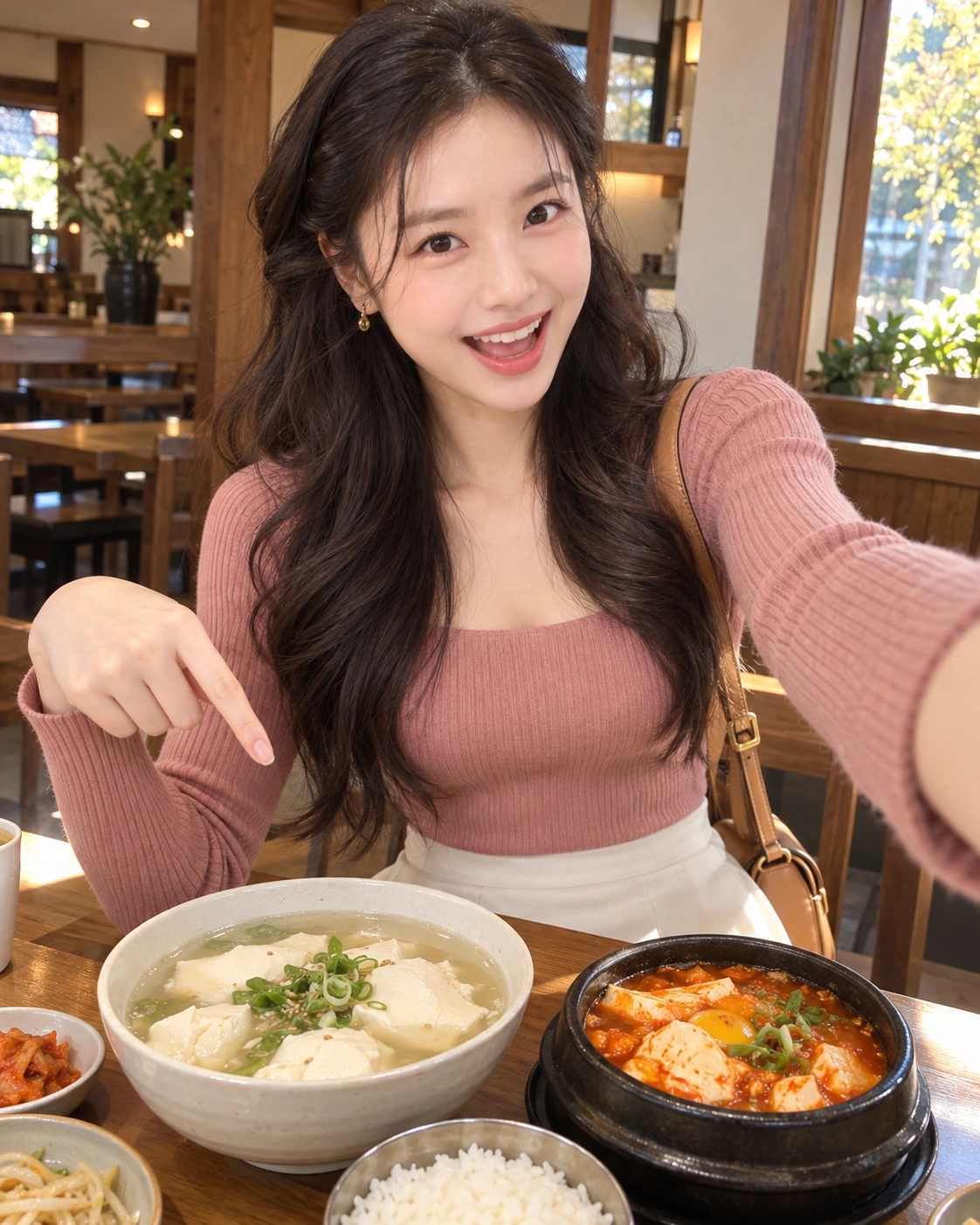 AI 가상 셀카: 맑은순두부와 빨간 찌개를 손으로 소개하는 김마에