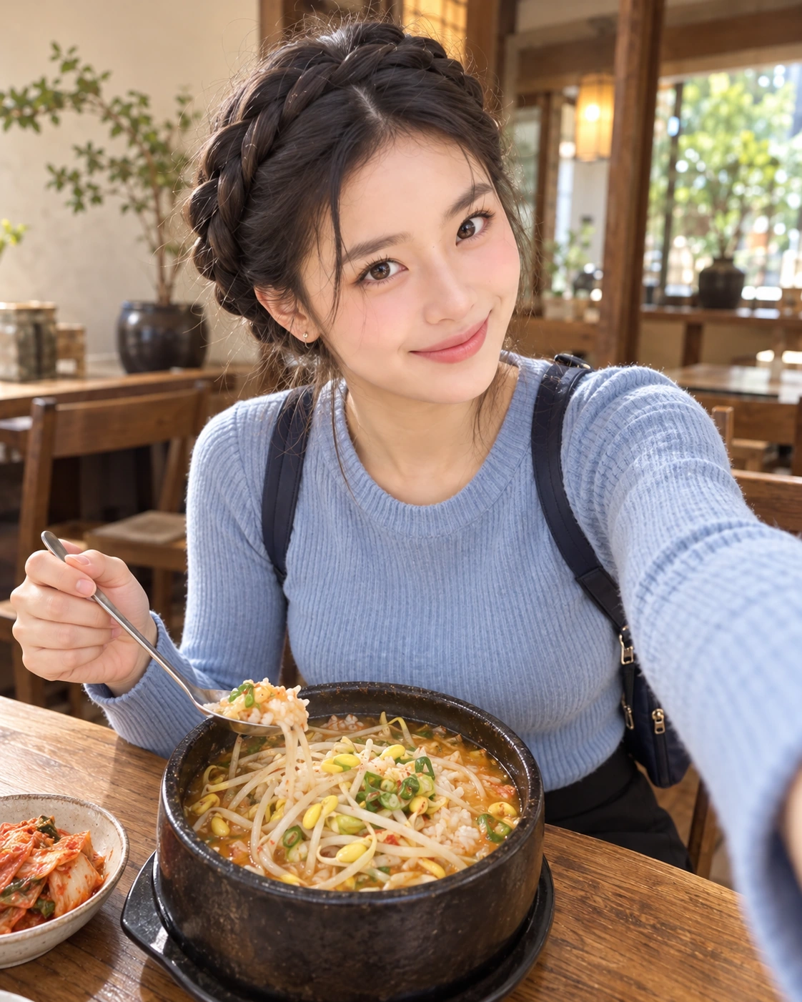 AI 가상 셀카: 콩나물국밥을 앞에 두고 크게 웃는 김마에