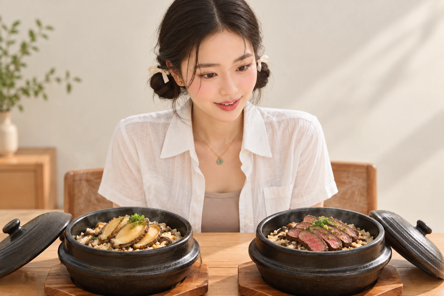 두 가게 메뉴를 비교하는 가상 인플루언서 김마에의 AI 삽화