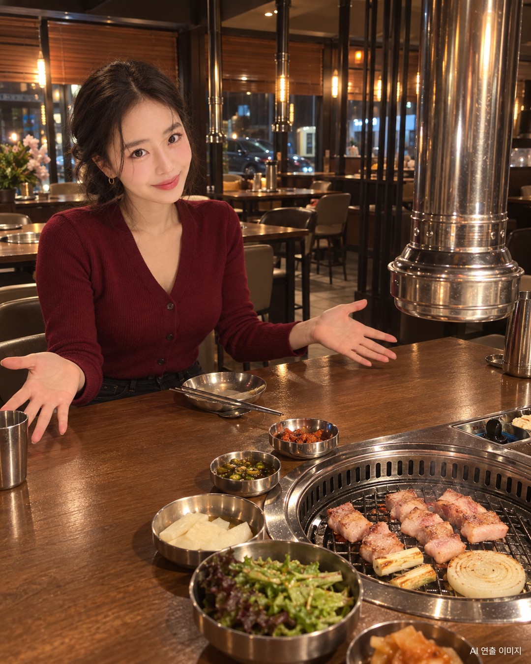 넓은 테이블을 소개하는 김마에 · AI 연출
