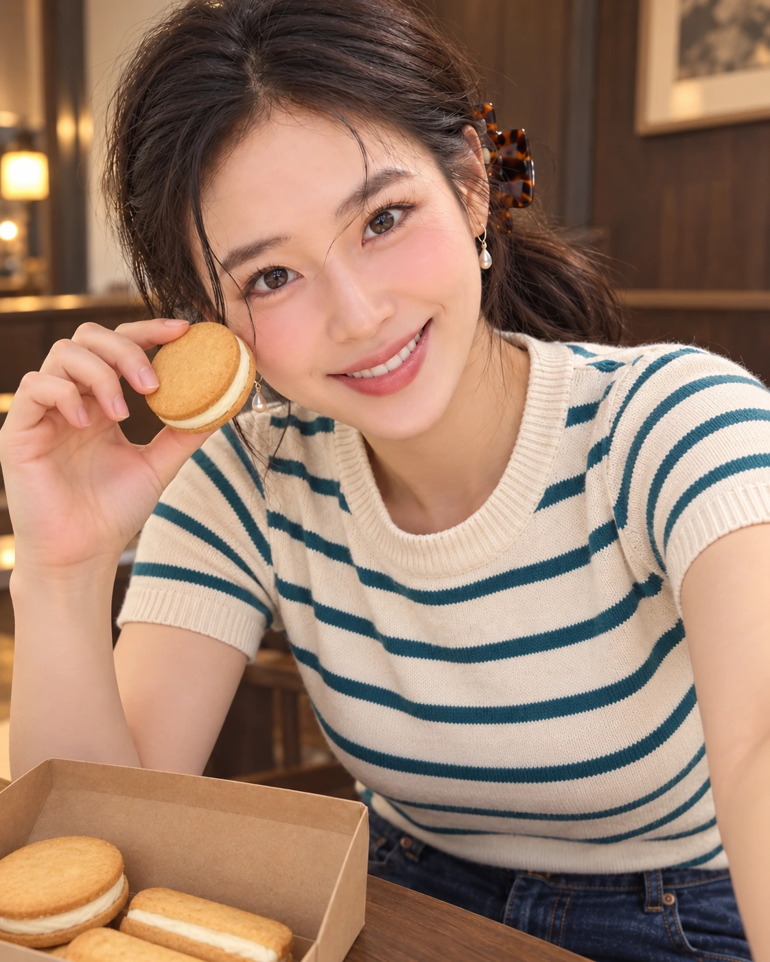 AI 가상 셀카: 둥근 크림 쿠키를 볼 가까이 든 김마에
