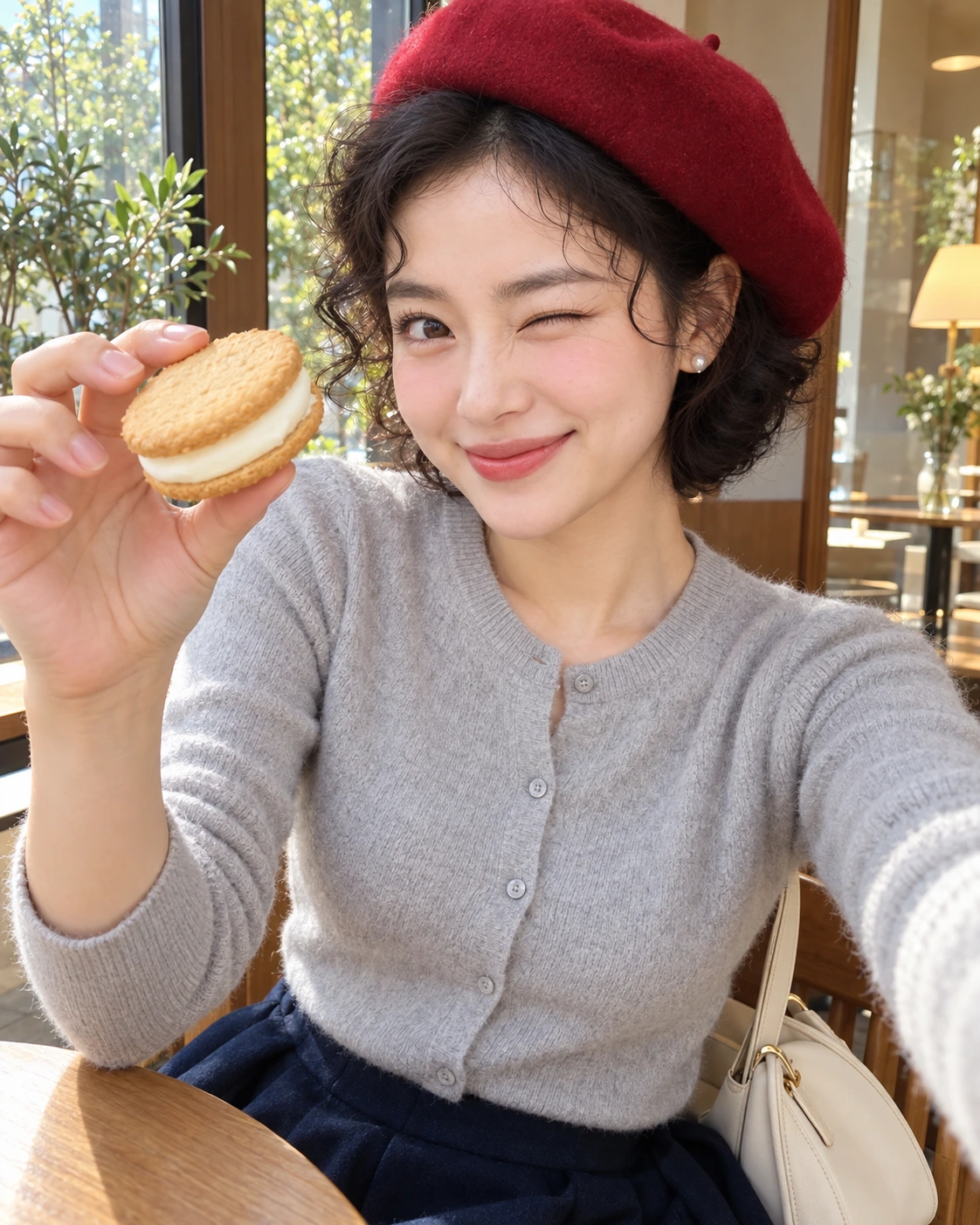 AI 가상 셀카: 크림 샌드 쿠키 한 개를 카메라 쪽으로 든 김마에