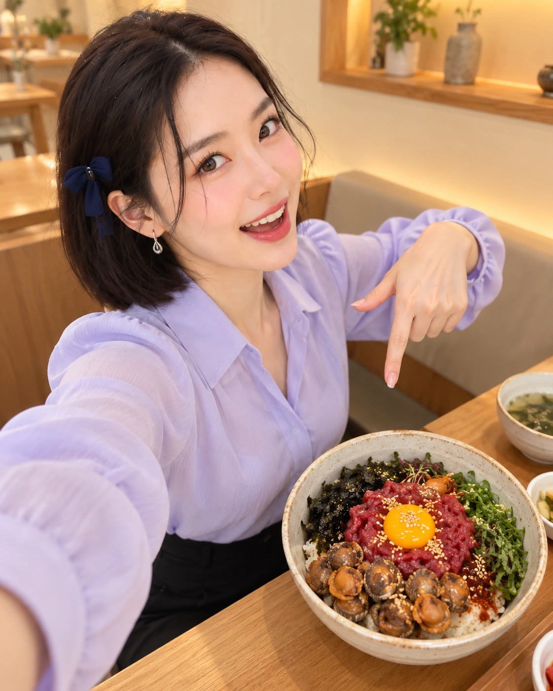 AI 가상 셀카: 높은 사선 각도에서 육회꼬막비빔밥을 가리키는 김마에
