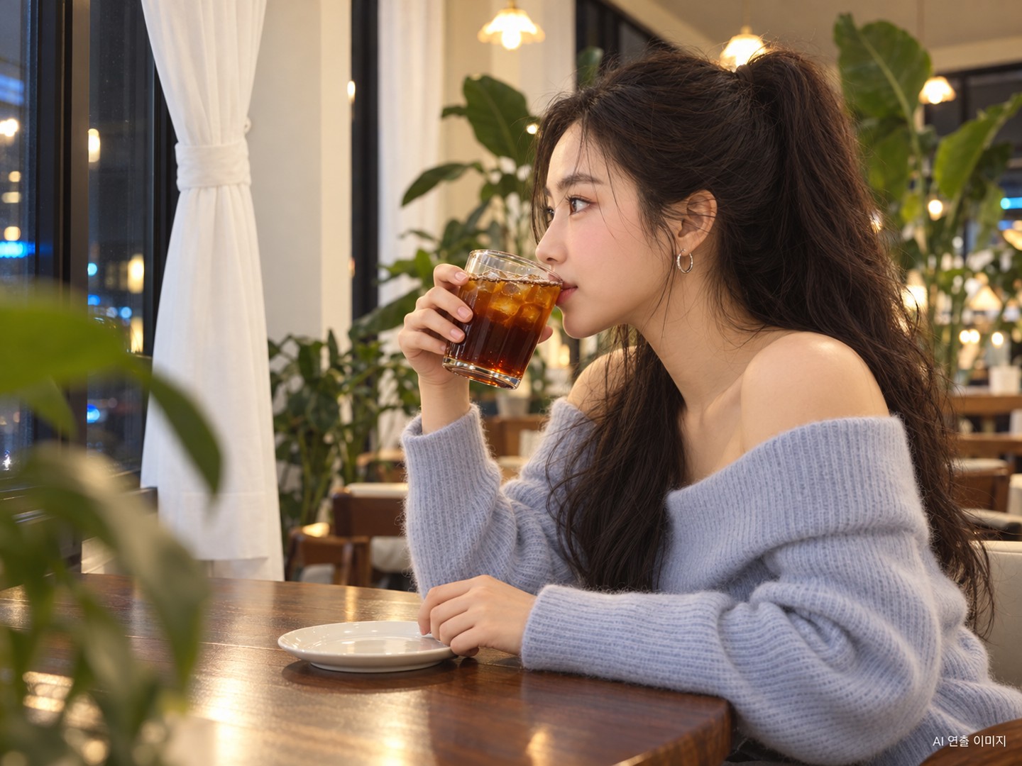 AI 연출 · 창가에서 산미 핸드드립을 마시는 가상 인플루언서 김마에. 실제 촬영 사진이 아니며 현장 커튼·창틀·가구를 참고한 장면이에요.