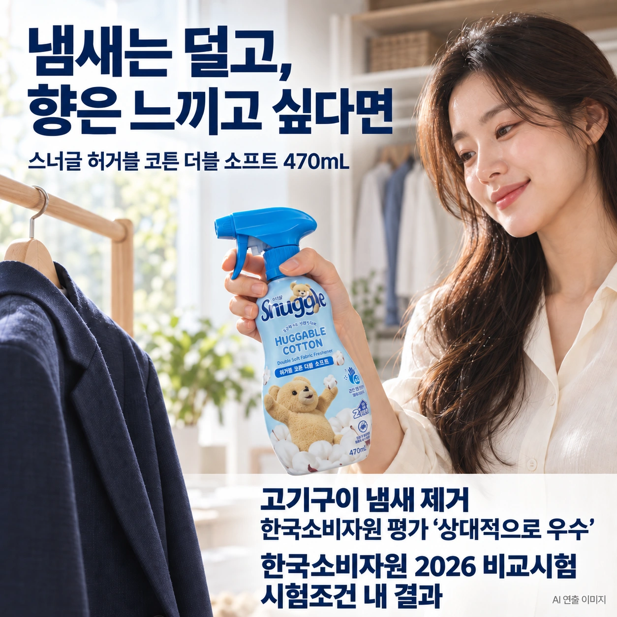 벗어 걸어둔 재킷과 스너글 허거블 코튼을 든 성인 모델의 AI 연출 광고