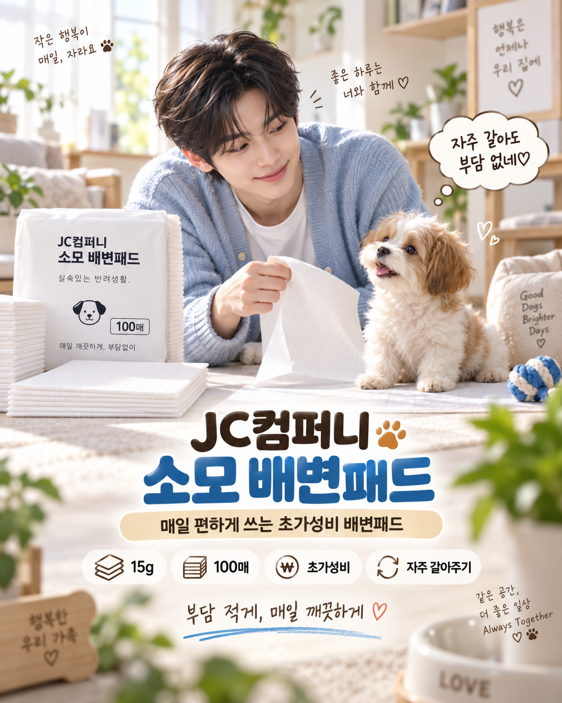 JCCOMPANY 소모 배변패드 15g 100매의 자주 교체하는 데일리 사용을 보여주는 PPL 장면