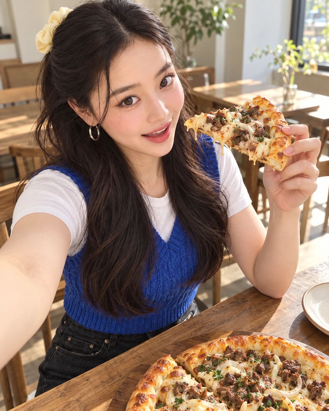 AI 가상 셀카: 피자 조각을 얼굴 가까이 든 김마에