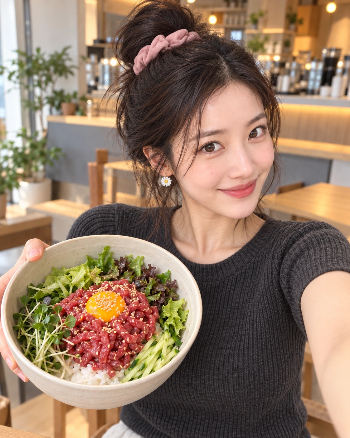 AI 가상 셀카: 비비기 전 육회비빔밥 그릇을 소개하는 김마에
