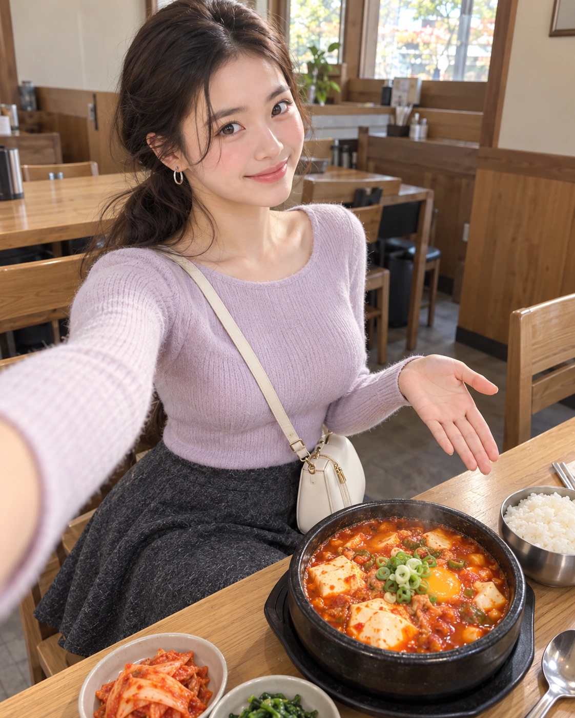 AI 가상 셀카: 빨간 순두부 그릇을 소개하는 김마에