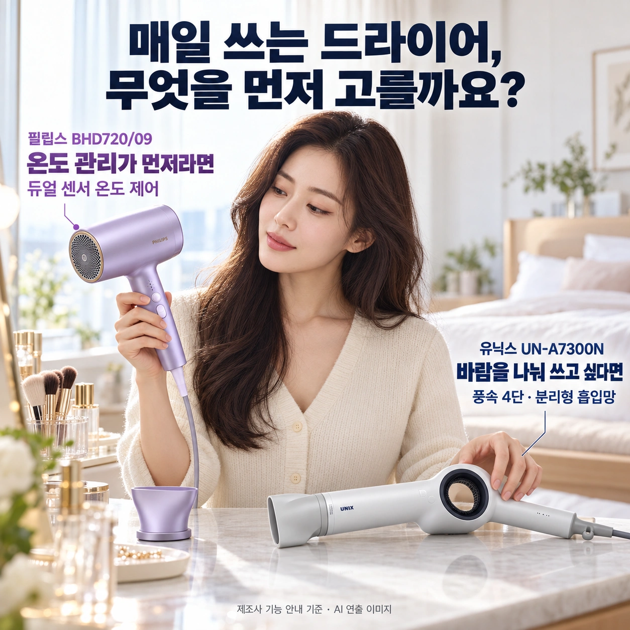 필립스 BHD720/09의 온도 관리와 유닉스 UN-A7300N의 풍속 조절을 비교하는 AI 연출 이미지