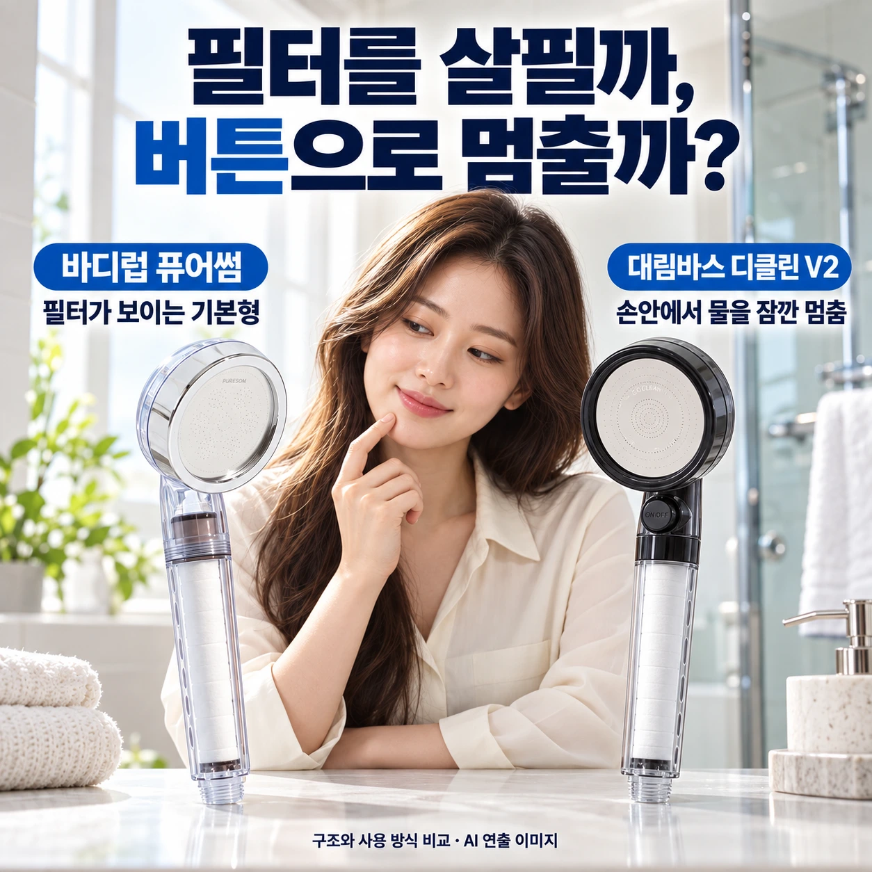 퓨어썸의 투명 필터와 디클린 V2의 온오프 버튼을 비교하는 AI 연출