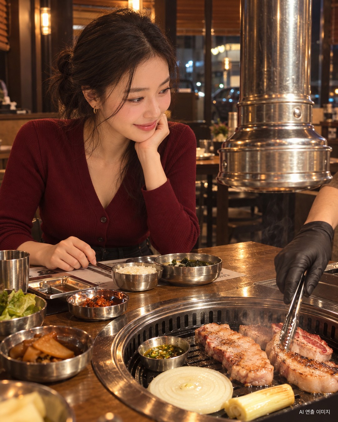 직원의 고기 굽는 서비스를 담은 김마에 장면 · AI 연출