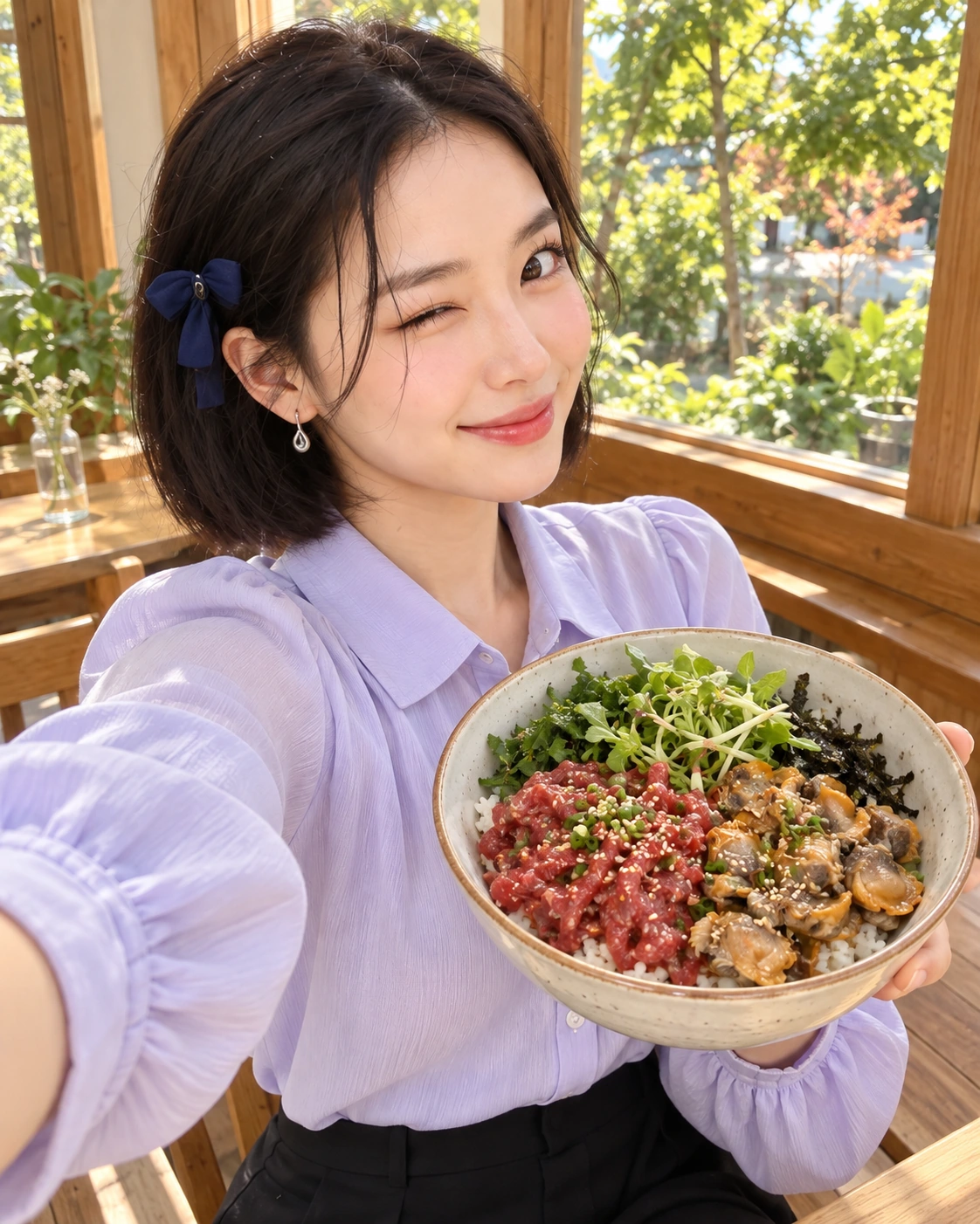 AI 가상 셀카: 육회와 꼬막을 올린 비빔밥 그릇을 가까이 든 김마에