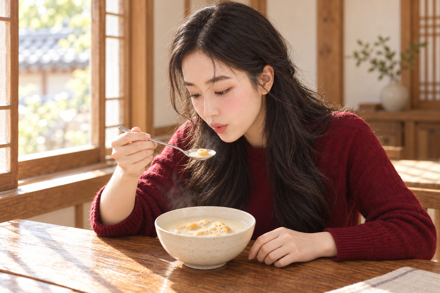 버건디 니트를 입은 김마에가 창가 테이블에 놓인 콩국 옆에서 숟가락을 내려다보며 입술을 살짝 모아 식히는 옆사선 장면. AI 연출이며 실제 방문·음식 사진이 아닙니다.