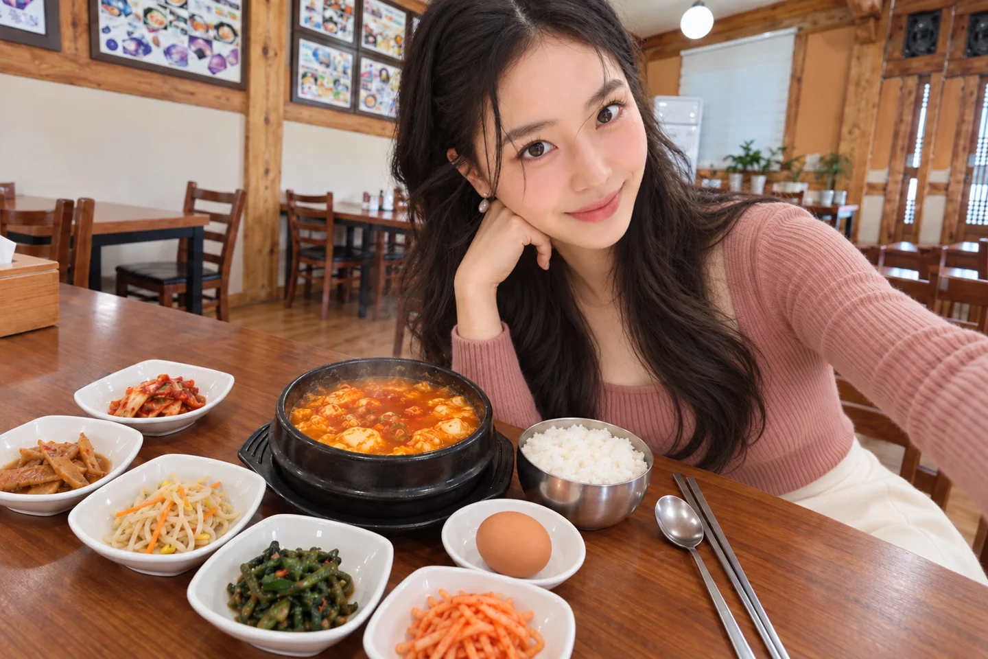 로즈색 스퀘어넥 니트와 아이보리 스커트를 입은 김마에의 AI 가상 식사 셀카 장면