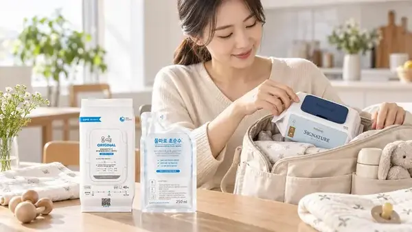 물따로 오리지날과 베베숲 시그니처 블루 에코를 육아 가방에 준비하는 일상 장면