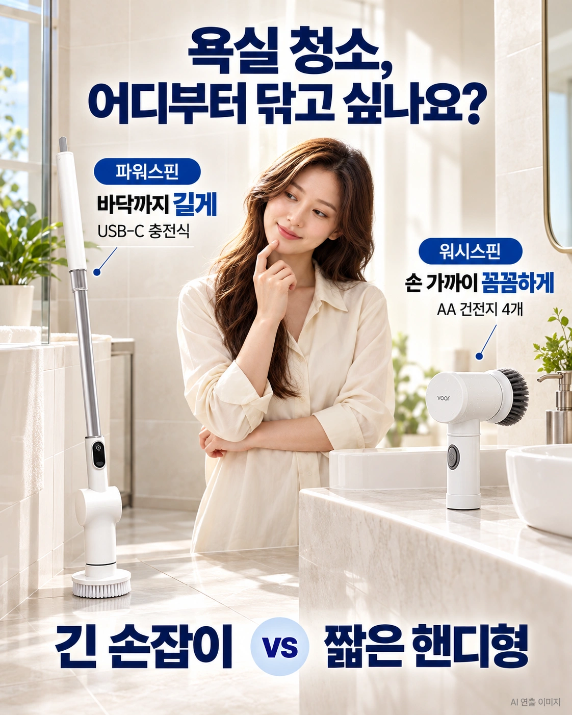 길게 뻗는 충전식 파워스핀과 손 가까이 쓰는 건전지식 워시스핀의 선택 기준을 보여주는 AI 연출 이미지