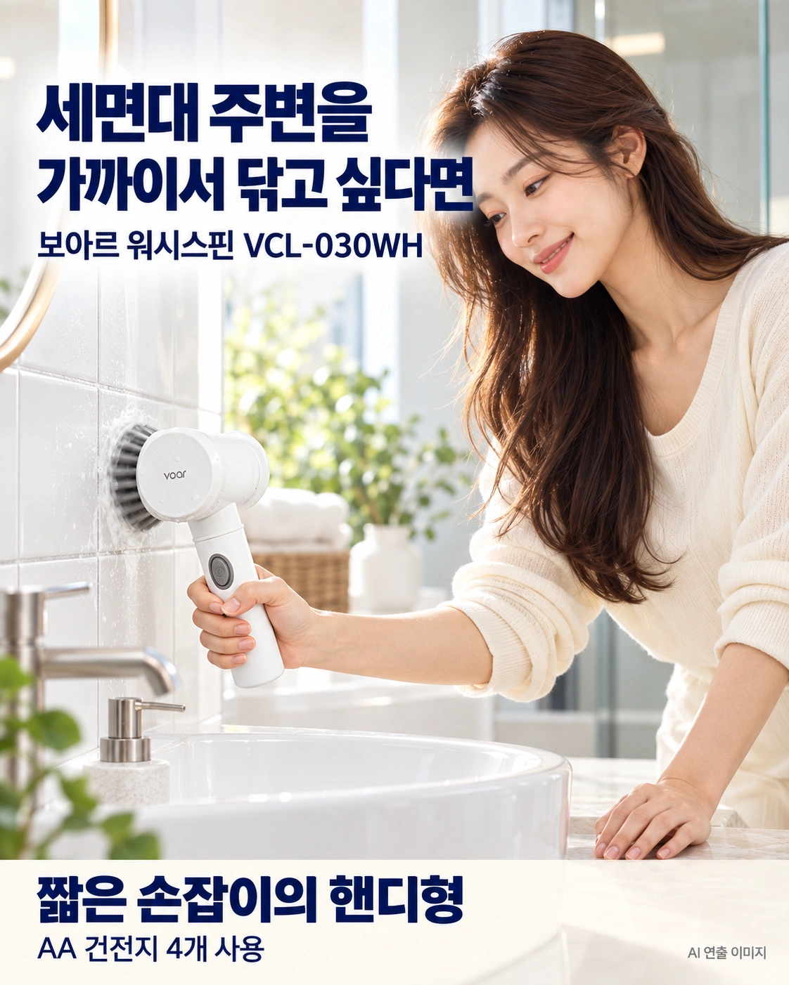 AA 건전지 4개를 사용하는 보아르 워시스핀 VCL-030WH로 세면대 옆 타일을 닦는 AI 연출 이미지