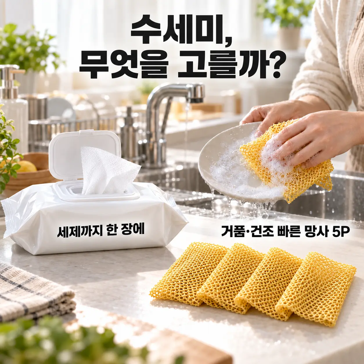 세제일체형 한장수세미와 옥수수 망사 수세미 5P를 한눈에 비교하는 주방 장면