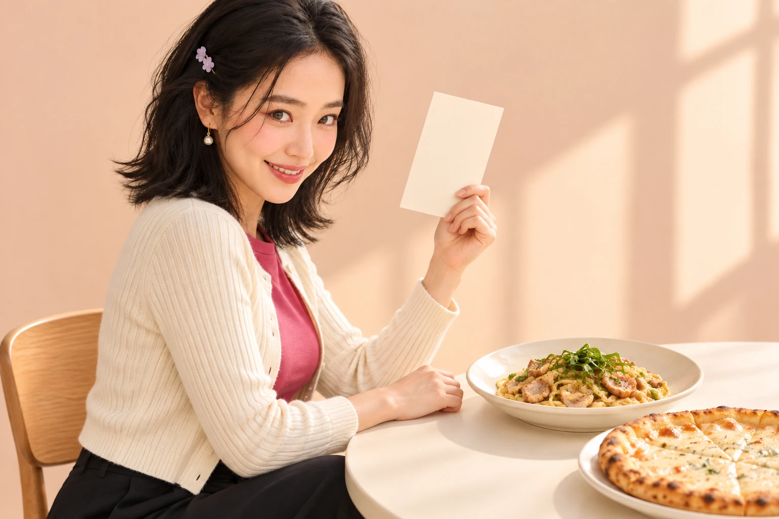 두 가게 메뉴를 비교하는 가상 인플루언서 김마에의 AI 삽화