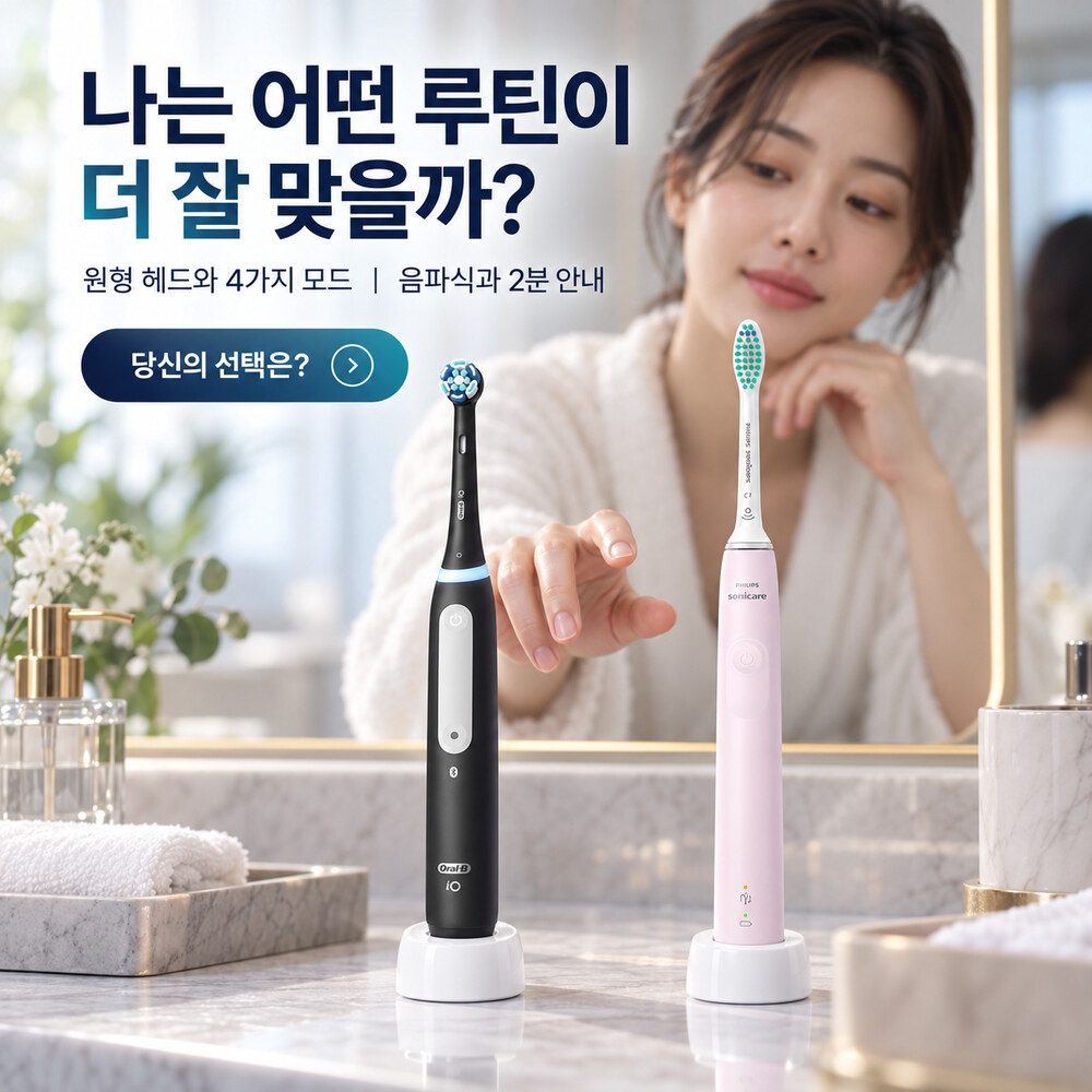 오랄비 iO4와 필립스 소닉케어 3100 앞에서 자신의 전동칫솔 루틴을 고르는 장면