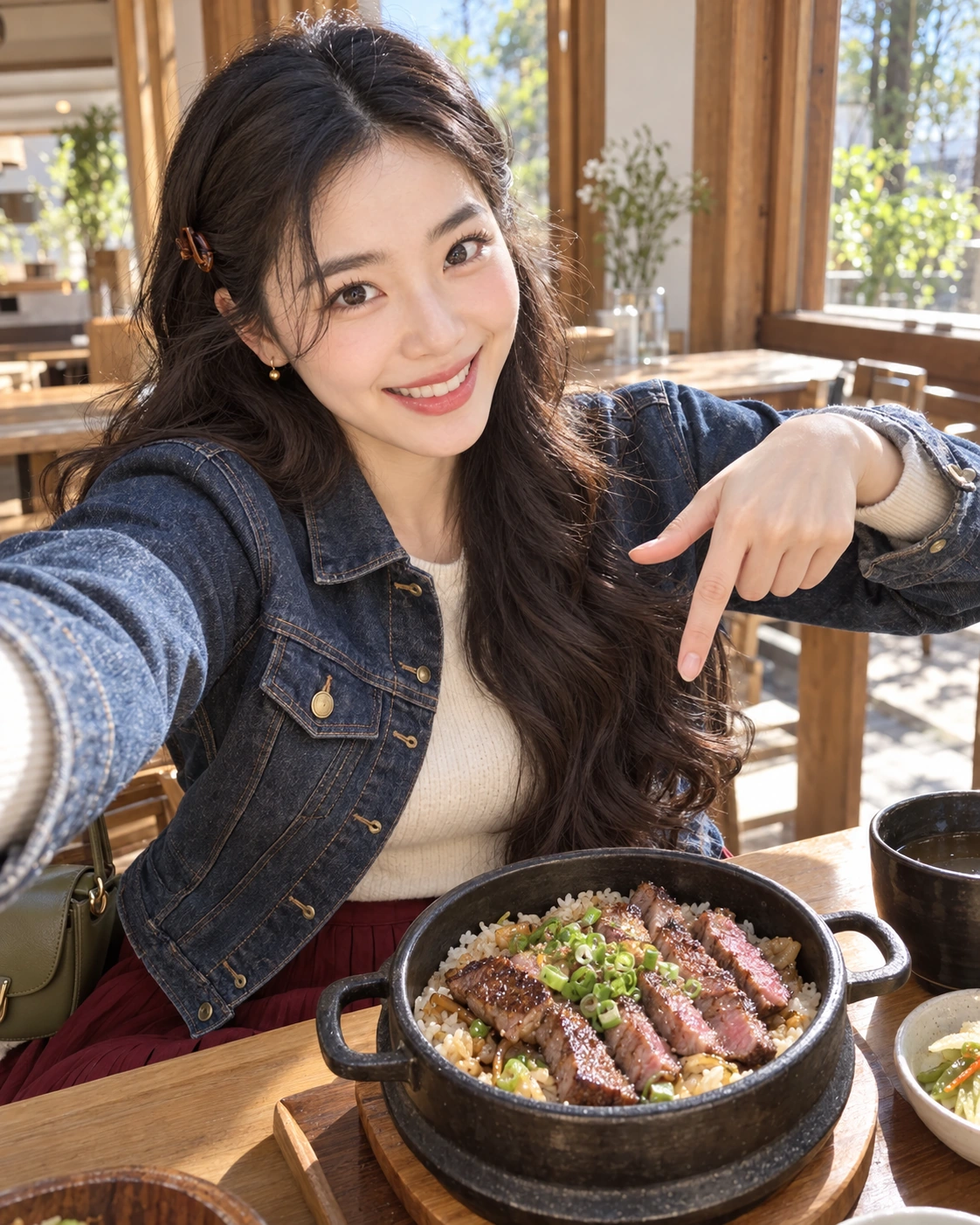 AI 가상 셀카: 스테이크 솥밥을 손으로 가리키는 김마에