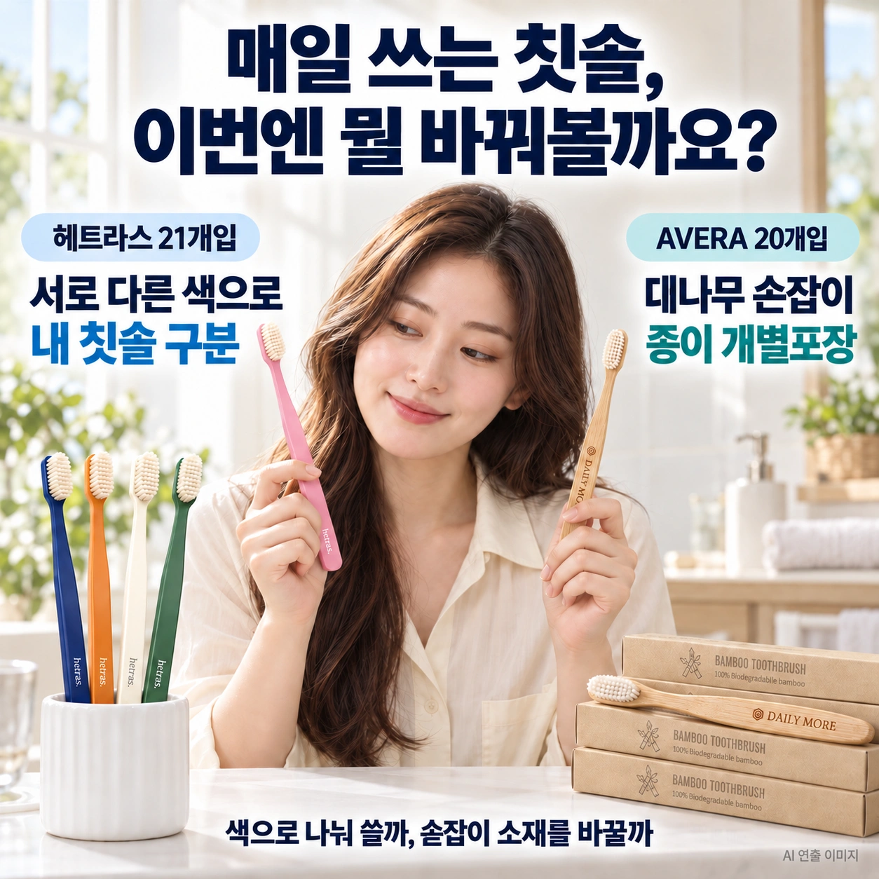 헤트라스의 색상 구분과 AVERA의 대나무 손잡이·종이 개별포장을 비교하는 AI 연출 이미지
