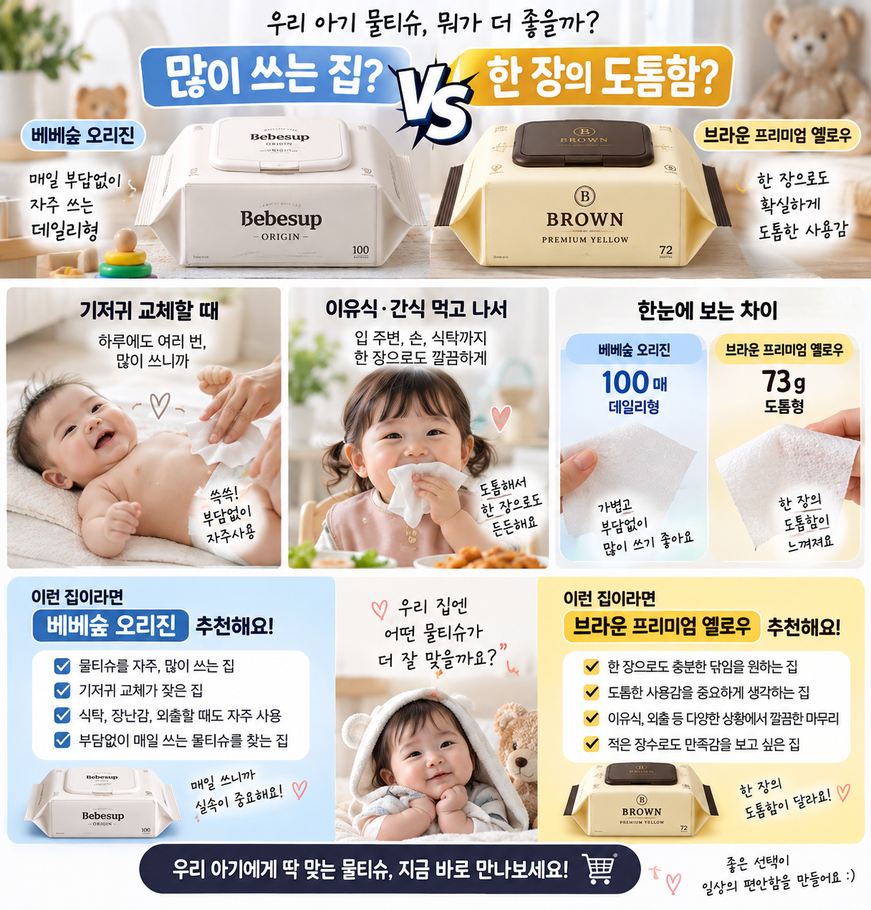 베베숲 오리진과 브라운 프리미엄 옐로우 물티슈를 많이 쓰는 집과 한 장의 도톰함을 보는 집으로 나눈 첫 대결 장면
