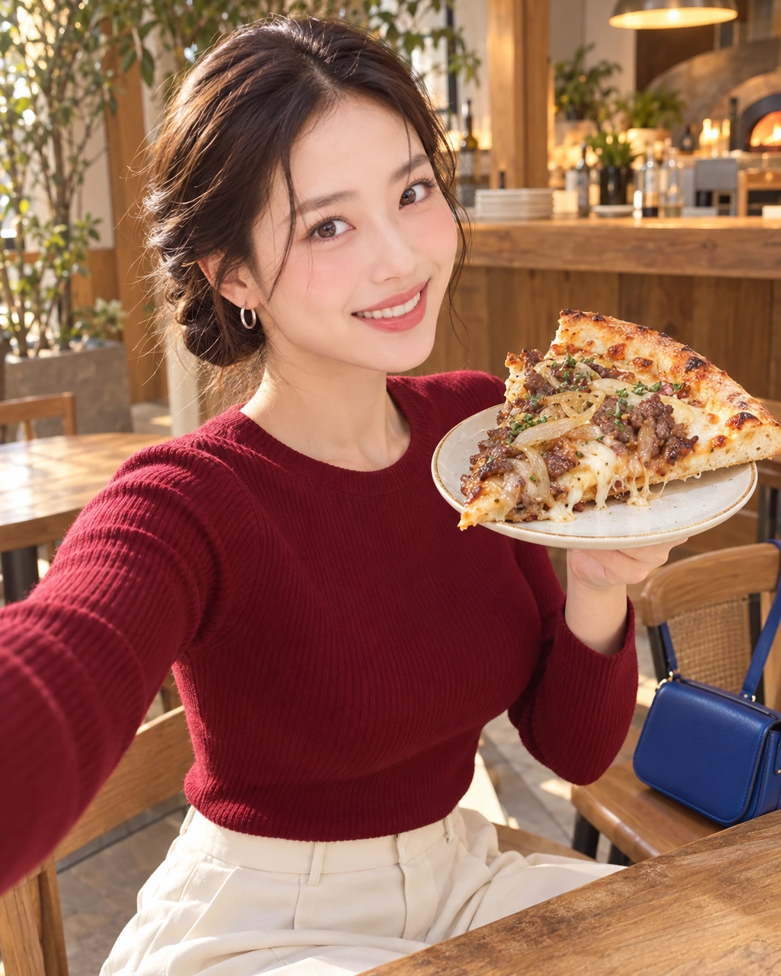 AI 가상 셀카: 불고기 피자 조각을 가슴 가까이 든 김마에