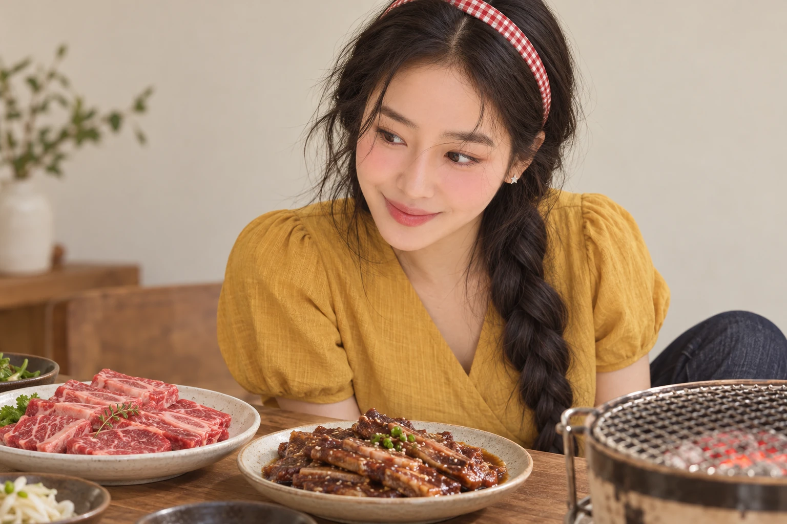 두 가게 메뉴를 비교하는 가상 인플루언서 김마에의 AI 삽화