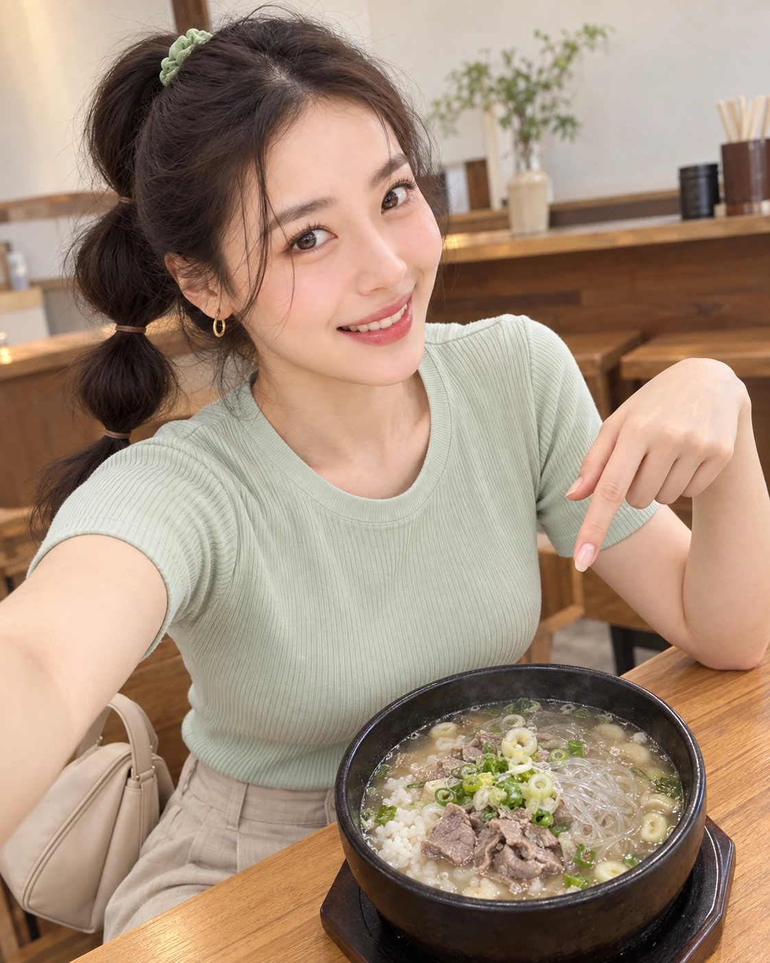 AI 가상 셀카: 고기와 당면을 넣은 국밥을 가리키는 김마에