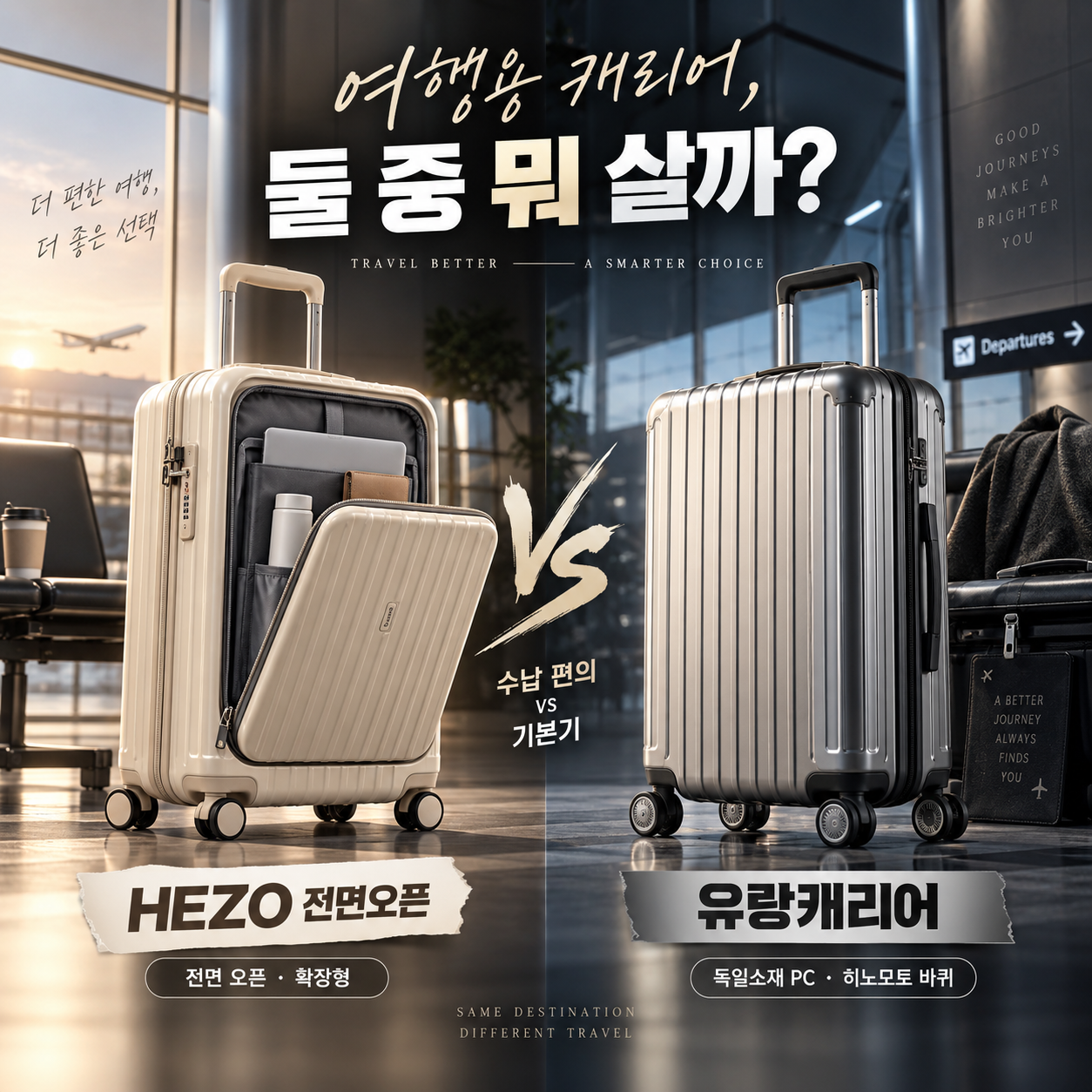 HEZO 전면 오픈 캐리어와 유랑캐리어를 공항 장면에서 수납 편의와 기본기로 비교한 첫 화면