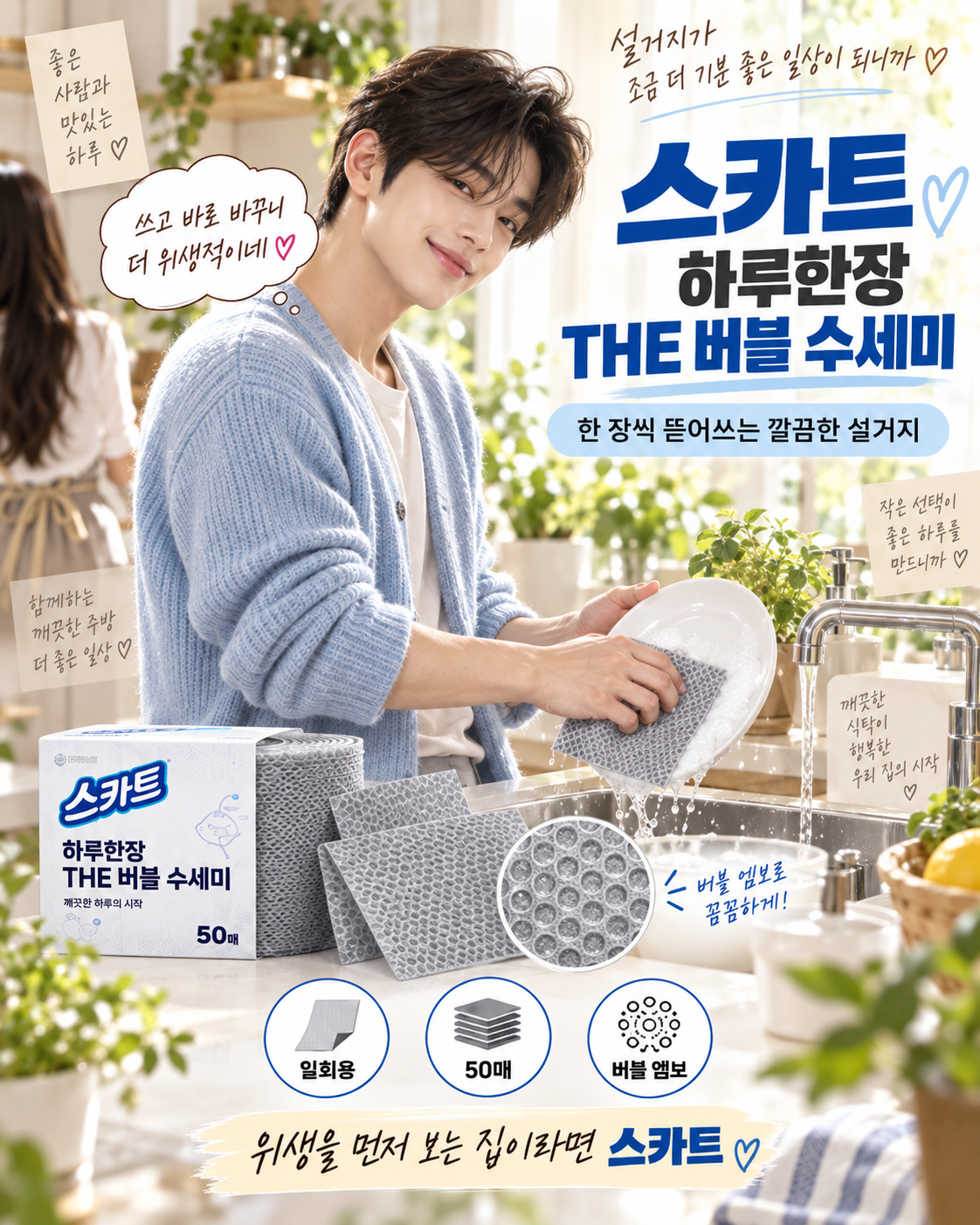 스카트 하루한장 THE 버블 수세미 50매의 한 장씩 교체하는 사용 루틴을 보여주는 장면