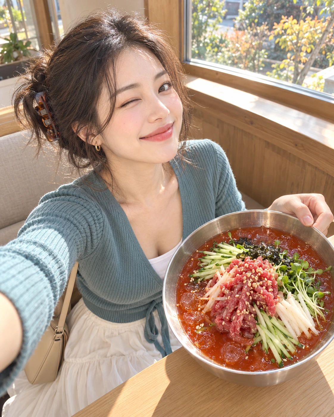 AI 가상 셀카: 차가운 육회물회 그릇을 카메라 쪽으로 기울인 김마에