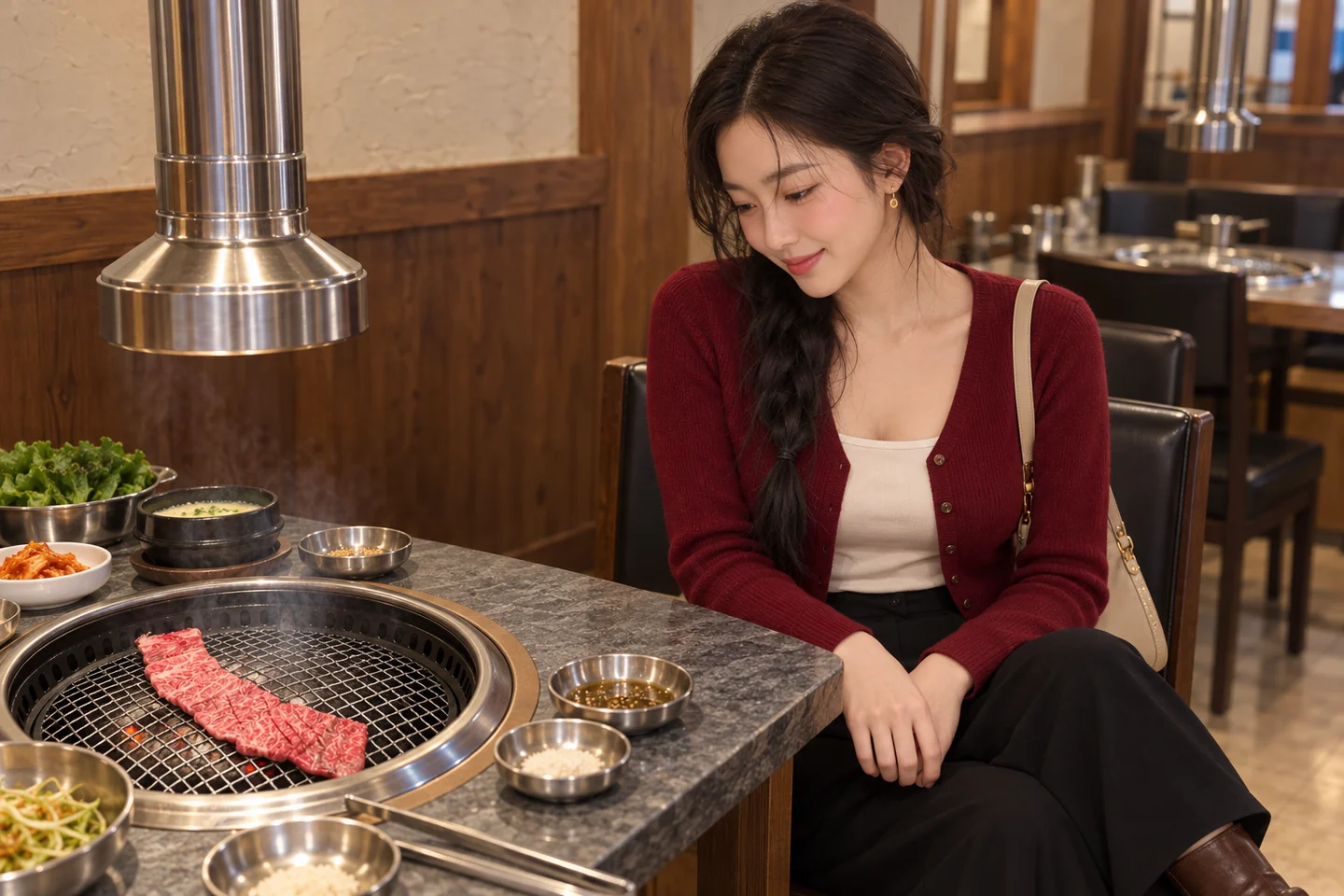 숯불 갈비를 살피는 마에 — 이름 없는 가상 실내 AI 재구성 이미지